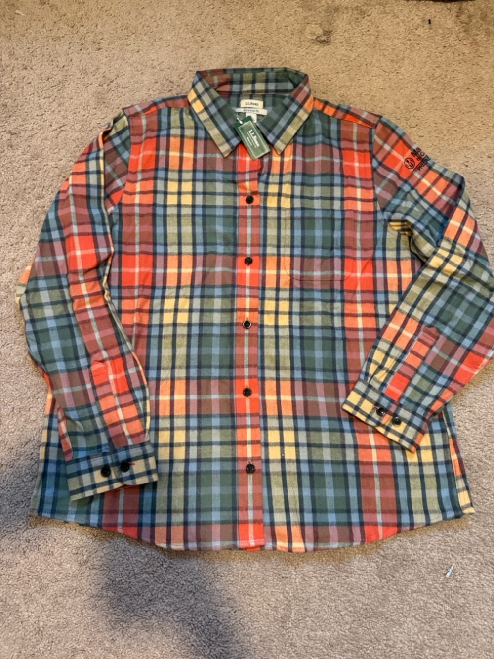 L.L. Bean Men's Orange, Green, Blue Plaid Button-Down Shirt